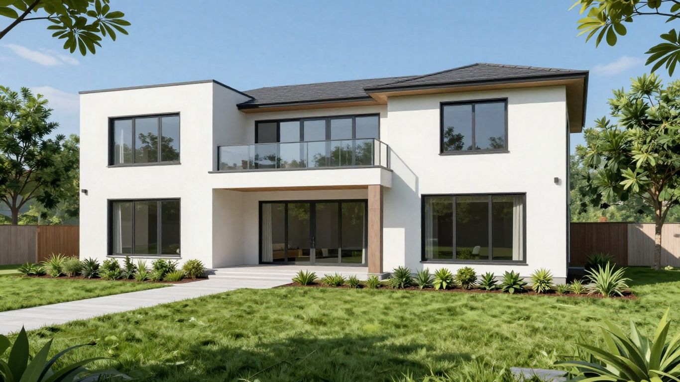 Modern home addition with large windows and green landscaping.