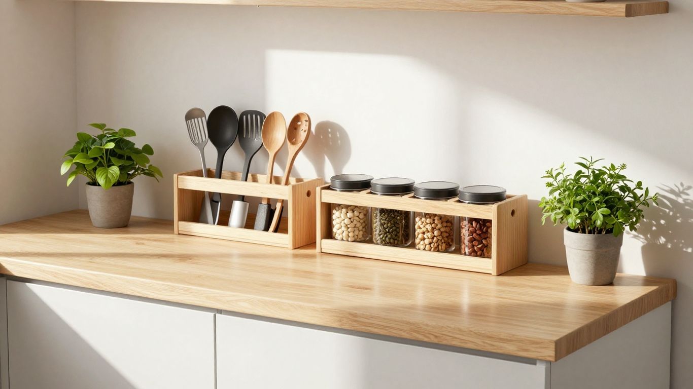 Organized rental kitchen counter with utensils and storage.