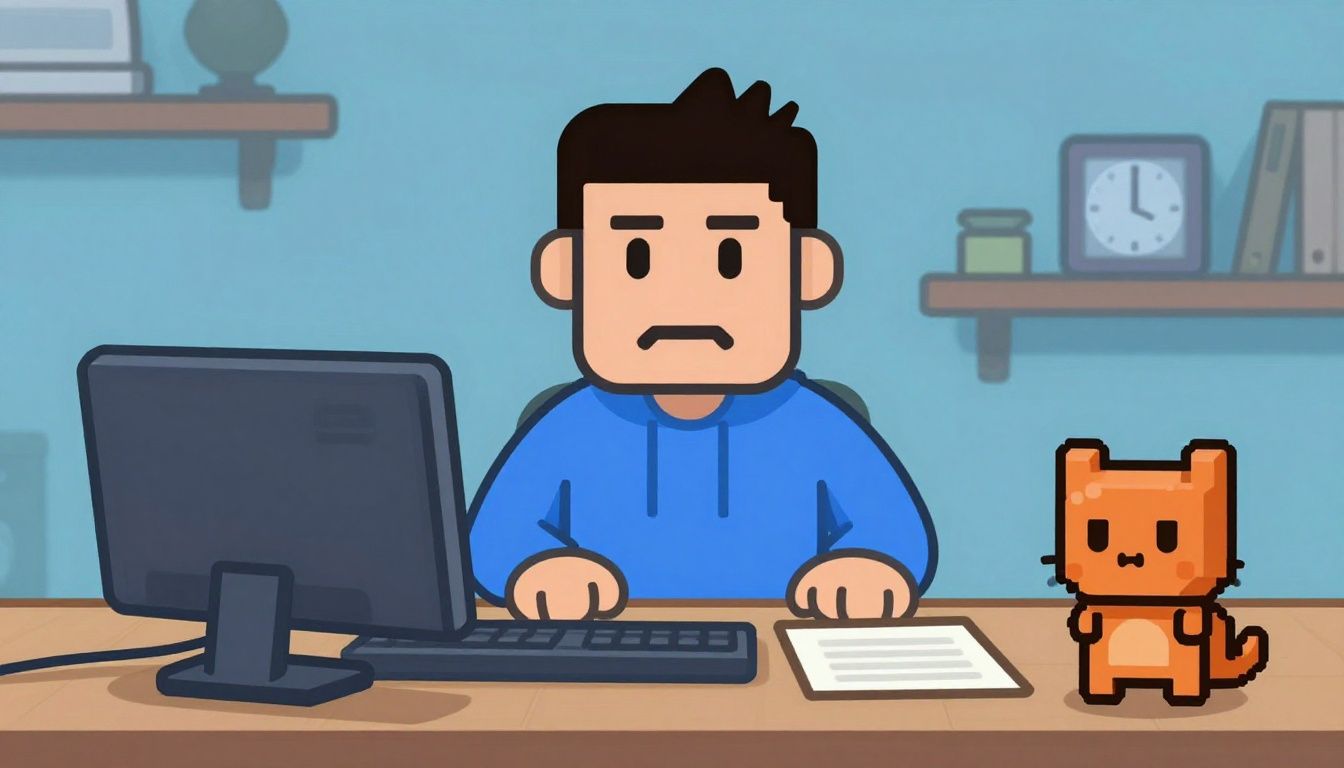 Um herói 8-bit enfrentando criaturas minimalistas dentro de uma barra de tarefas do sistema operacional