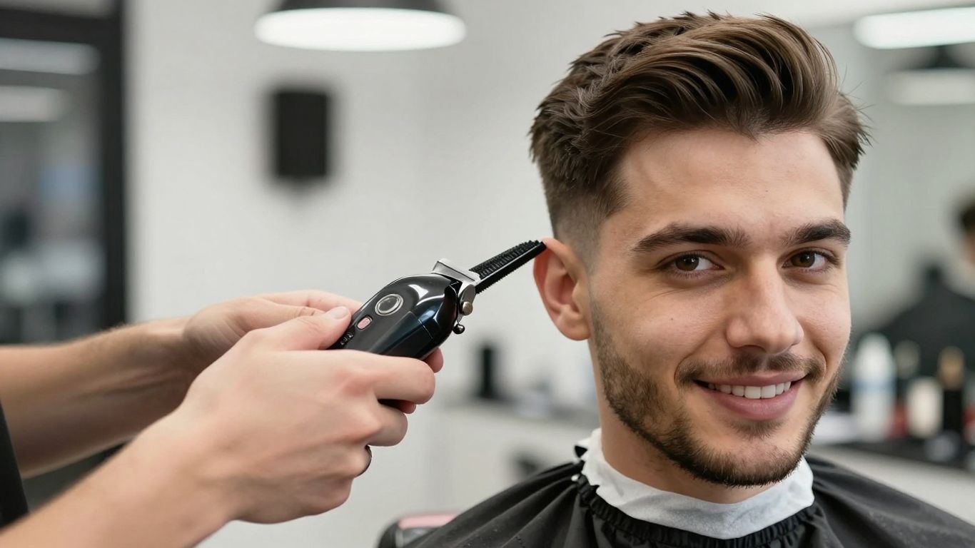 Man getting a stylish haircut from a barber.