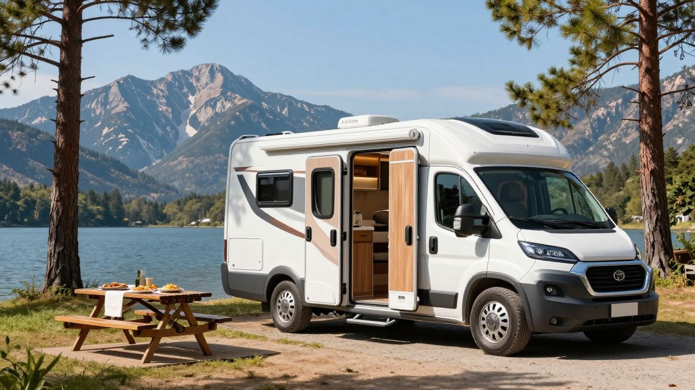 RV parked by a lake with mountains in the background.