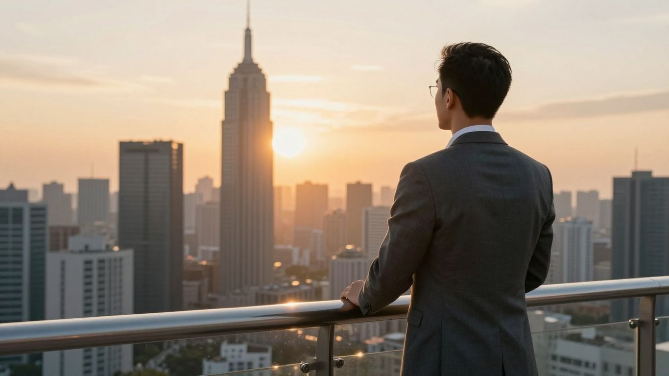 SaaS executive overlooking city at sunrise, symbolizing growth.