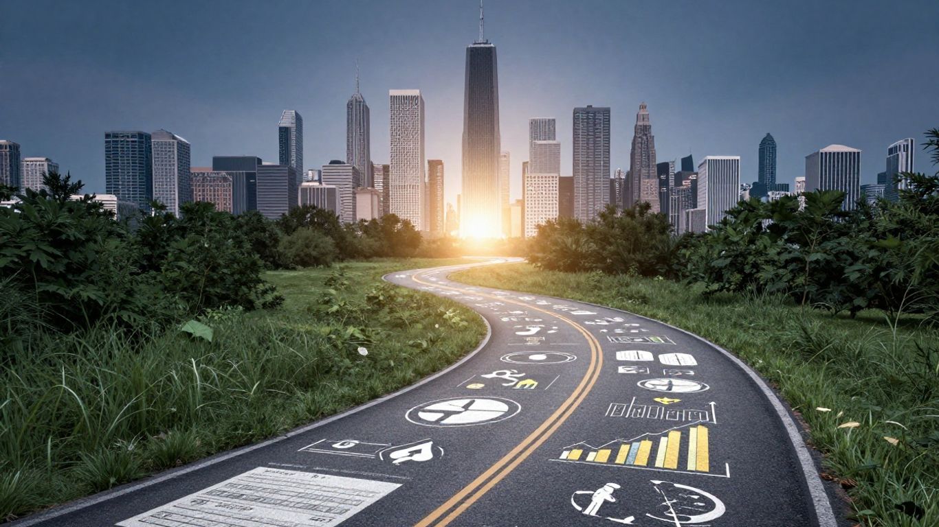 Chicago skyline with a financial roadmap through healthcare.