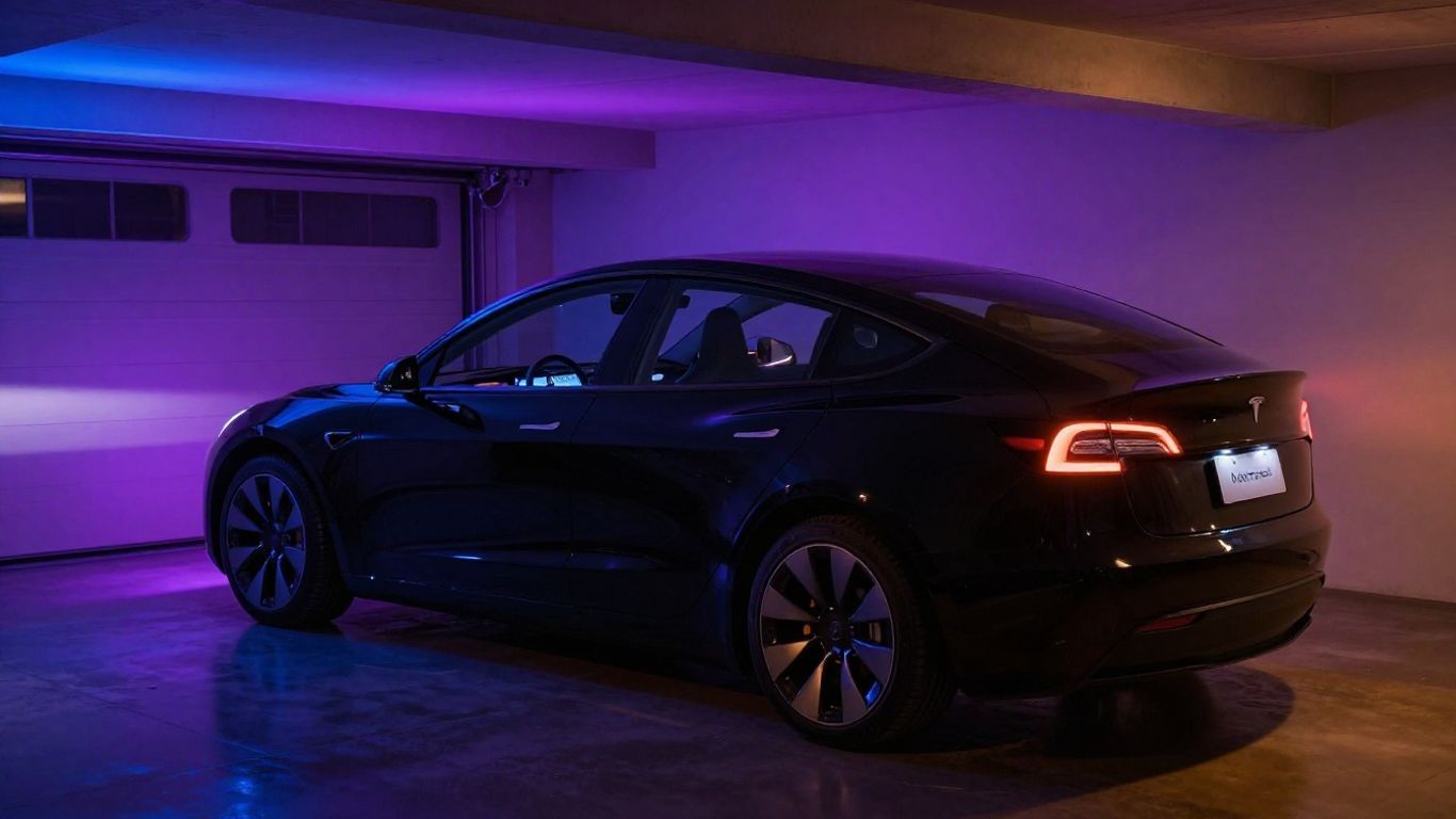 Sleek Tesla car with open door in neon-lit garage
