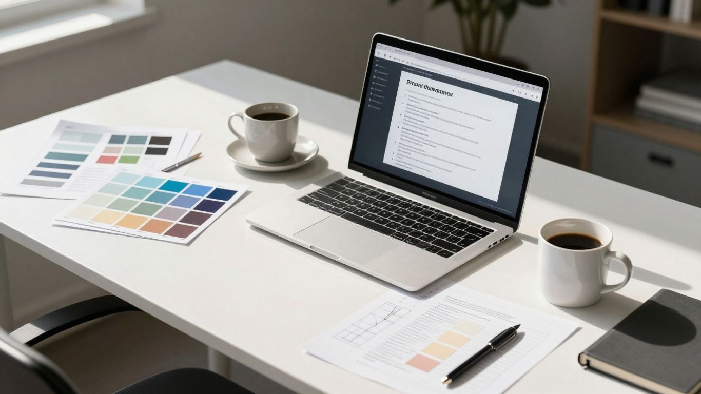 Birou cu elemente de branding și schițe de design.