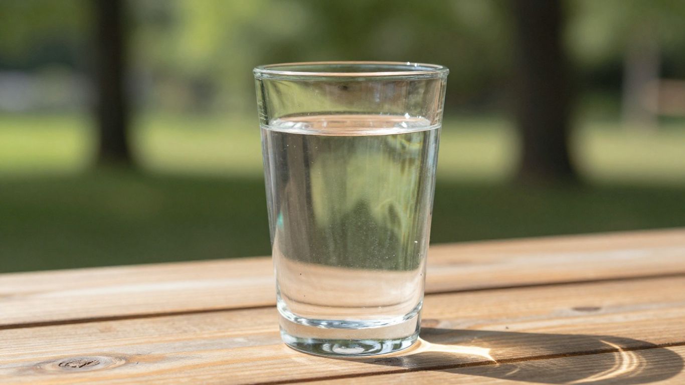 Glas med dricksvatten på ett träbord utomhus.