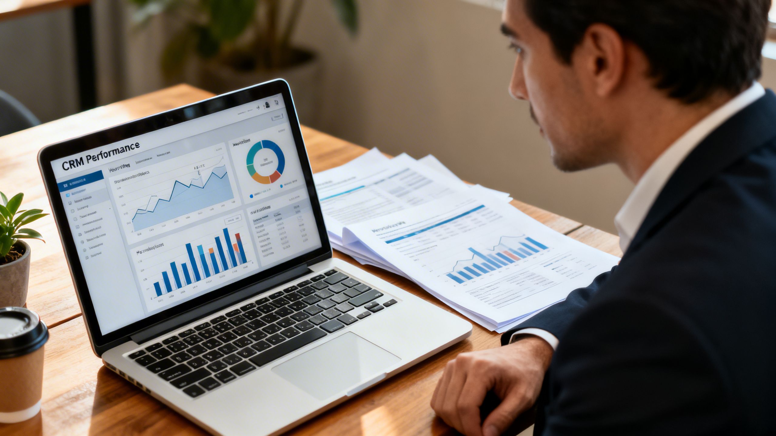 Business owner reviewing CRM performance reports and workflow analytics on a laptop