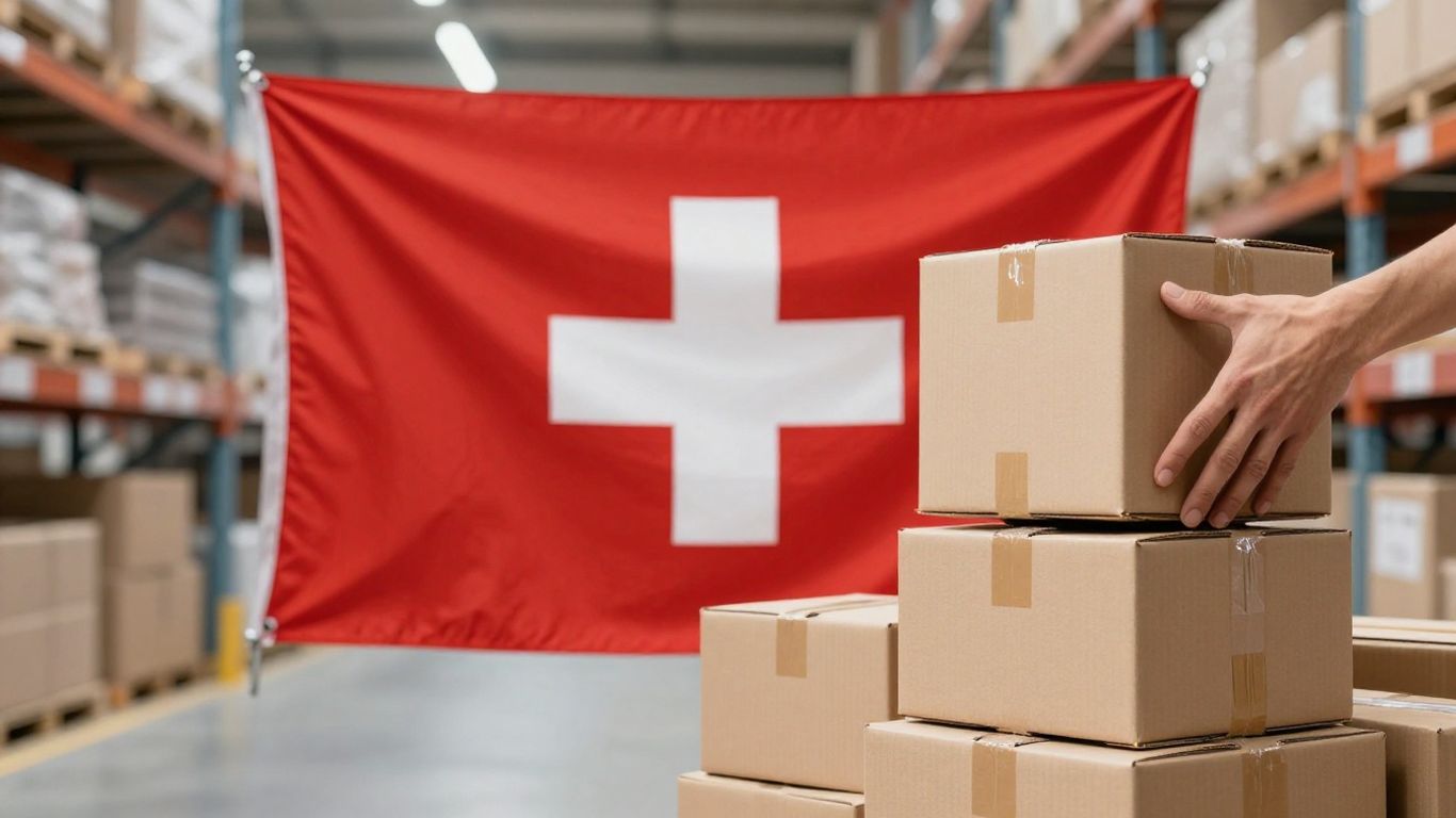 Schweizer Flagge und Pakete im Lager