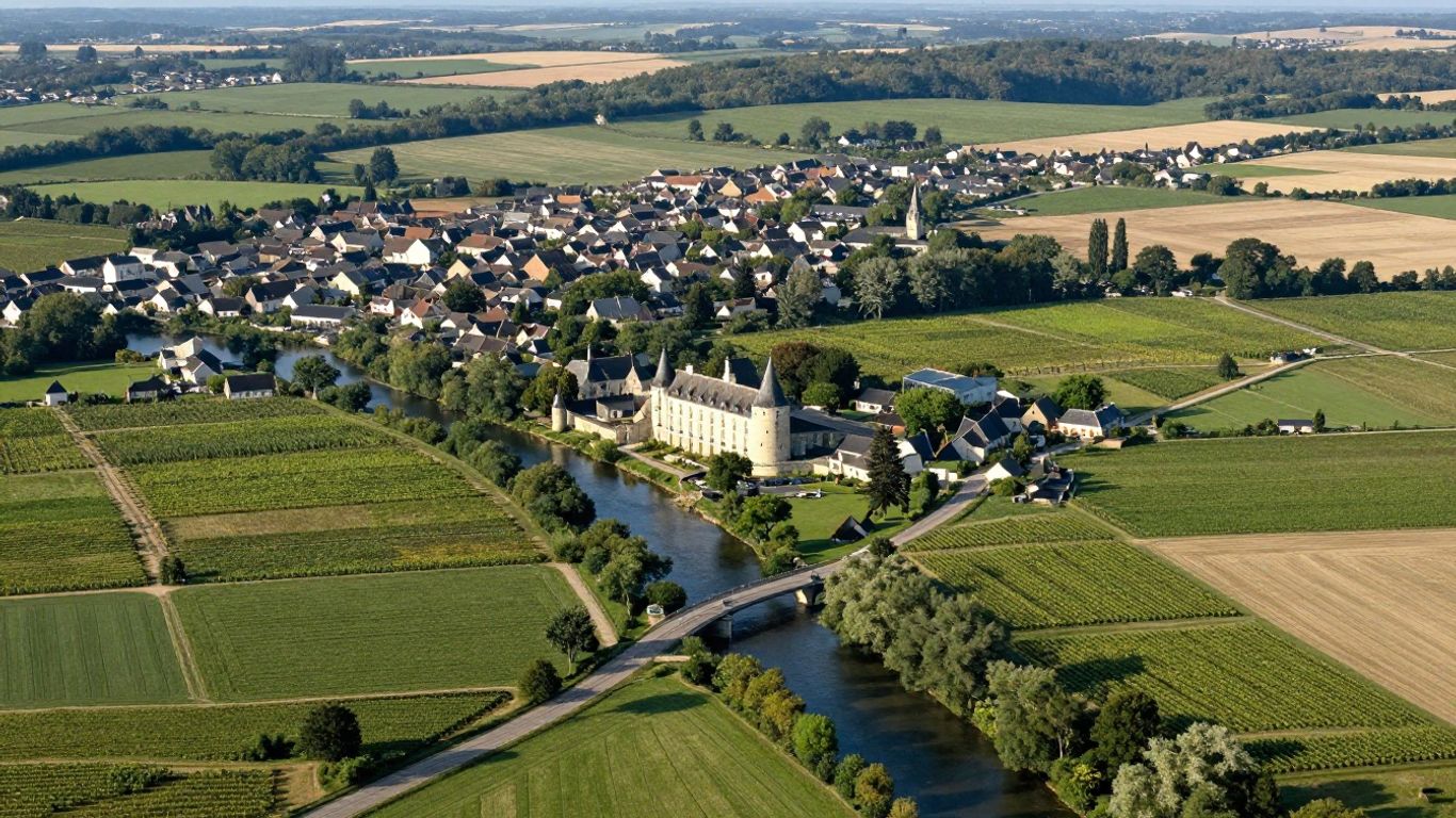 Aerial view of Loire Valley roads and chateaux