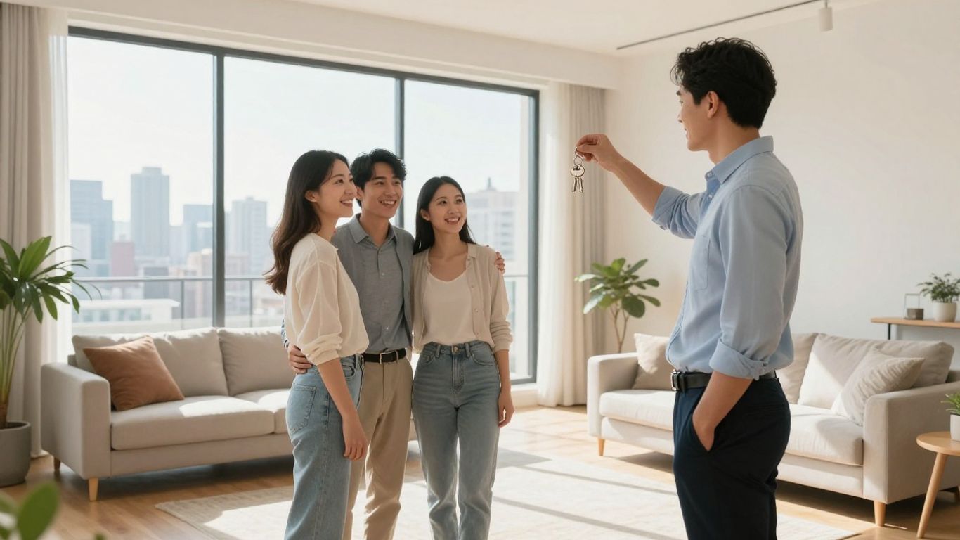 새 집 열쇠를 들고 기뻐하는 부부