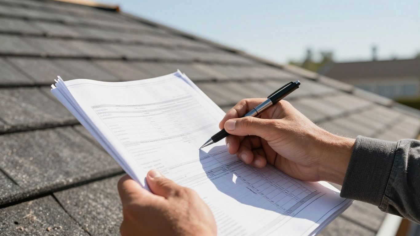 Contractor reviewing roofing estimate with blueprint.