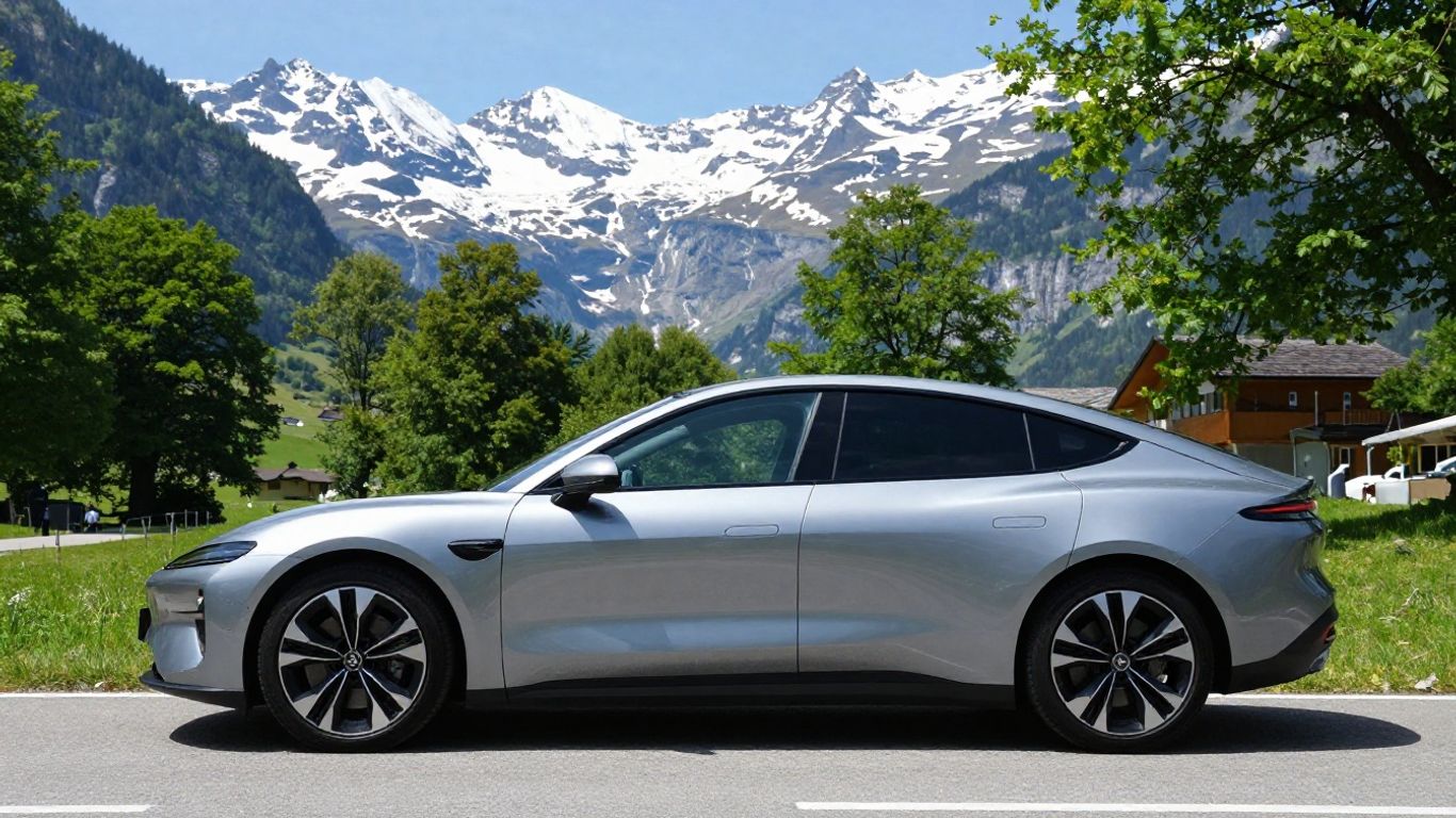 Elektroauto in Schweizer Berglandschaft mit schneebedeckten Gipfeln.
