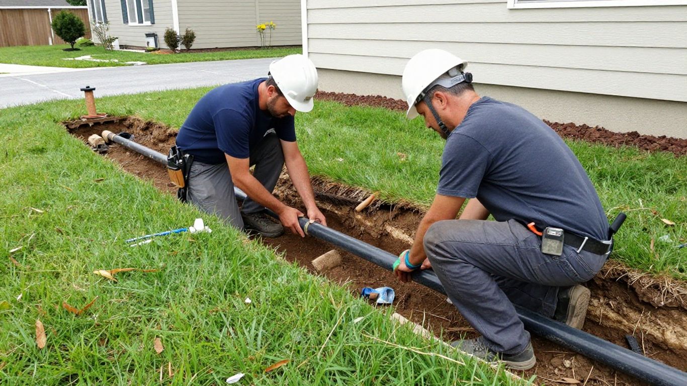 Plumber repairing underground sewer pipe