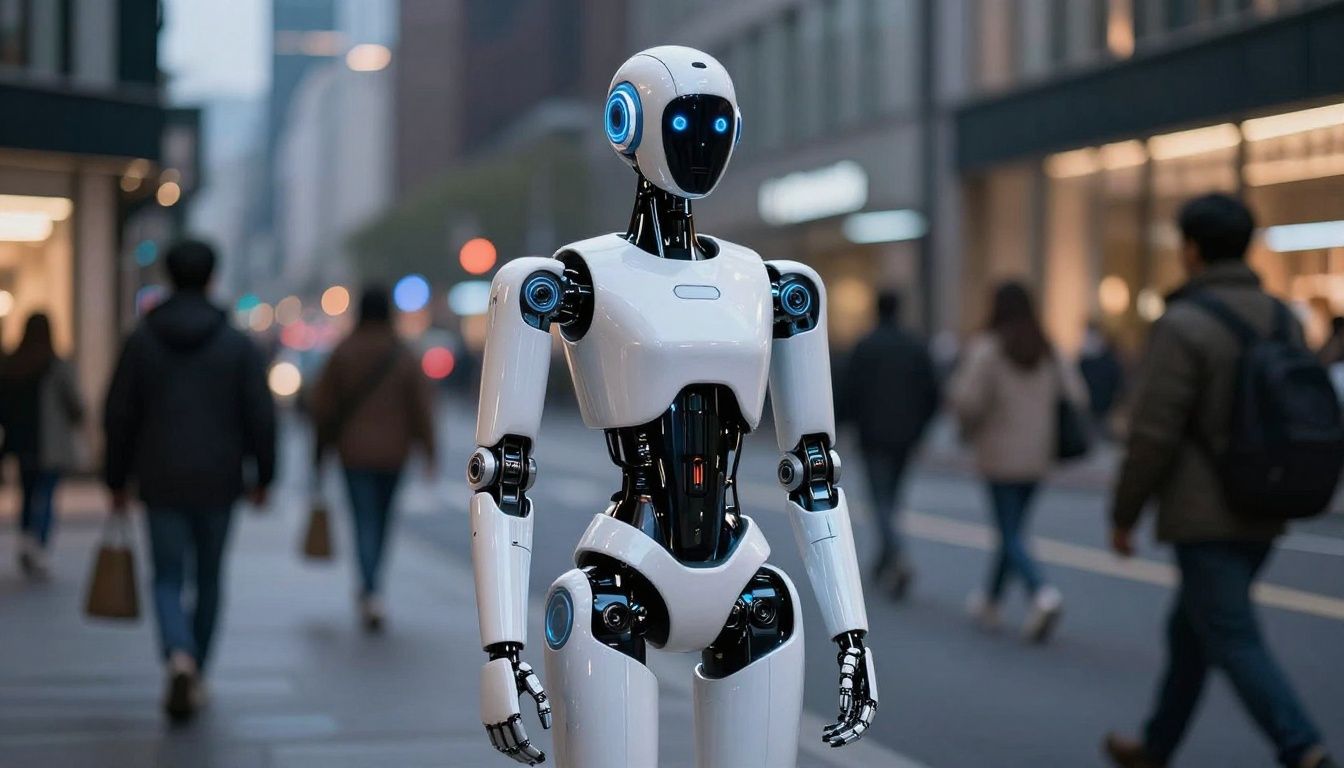 روبوت بشري أنيق وحديث يقف في شارع مدينة ليلاً، مع وجود شخصيات ضبابية لأشخاص يمرون في الخلفية.