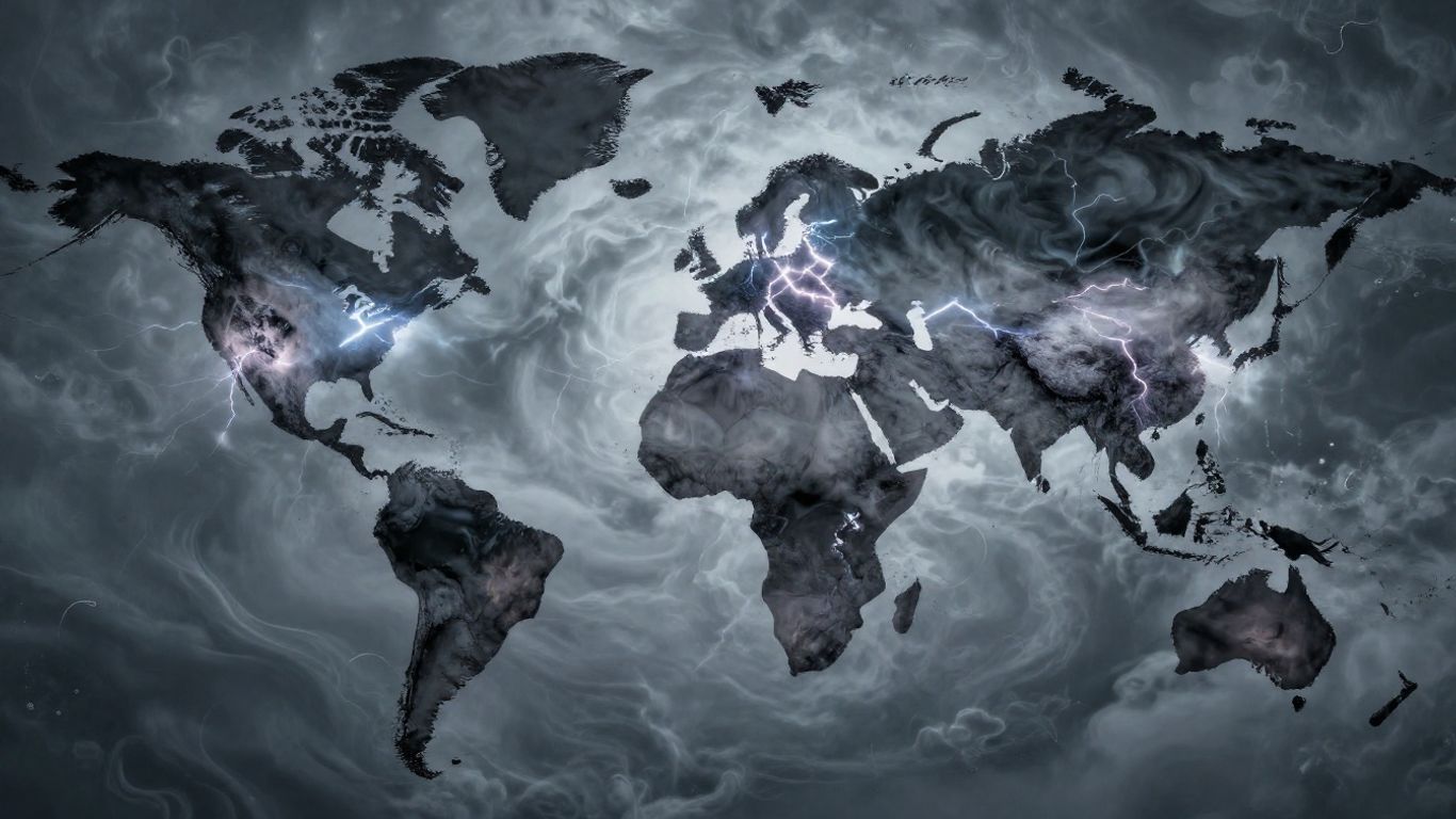 World map with storm clouds and lightning.