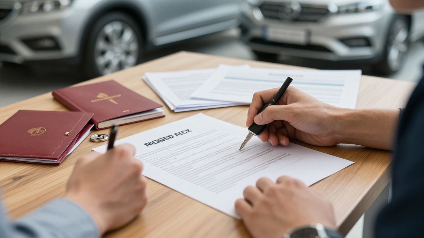 Unterschrift unter Autokaufvertrag neben Schlüssel