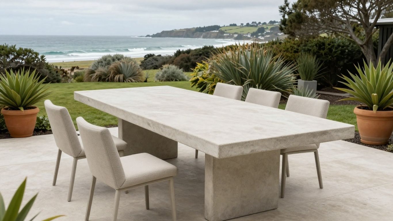 Concrete outdoor table with textured stone surface patio