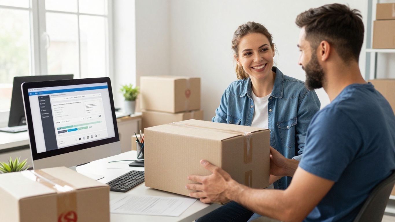 Europäischer Online-Händler packt Pakete im Büro.