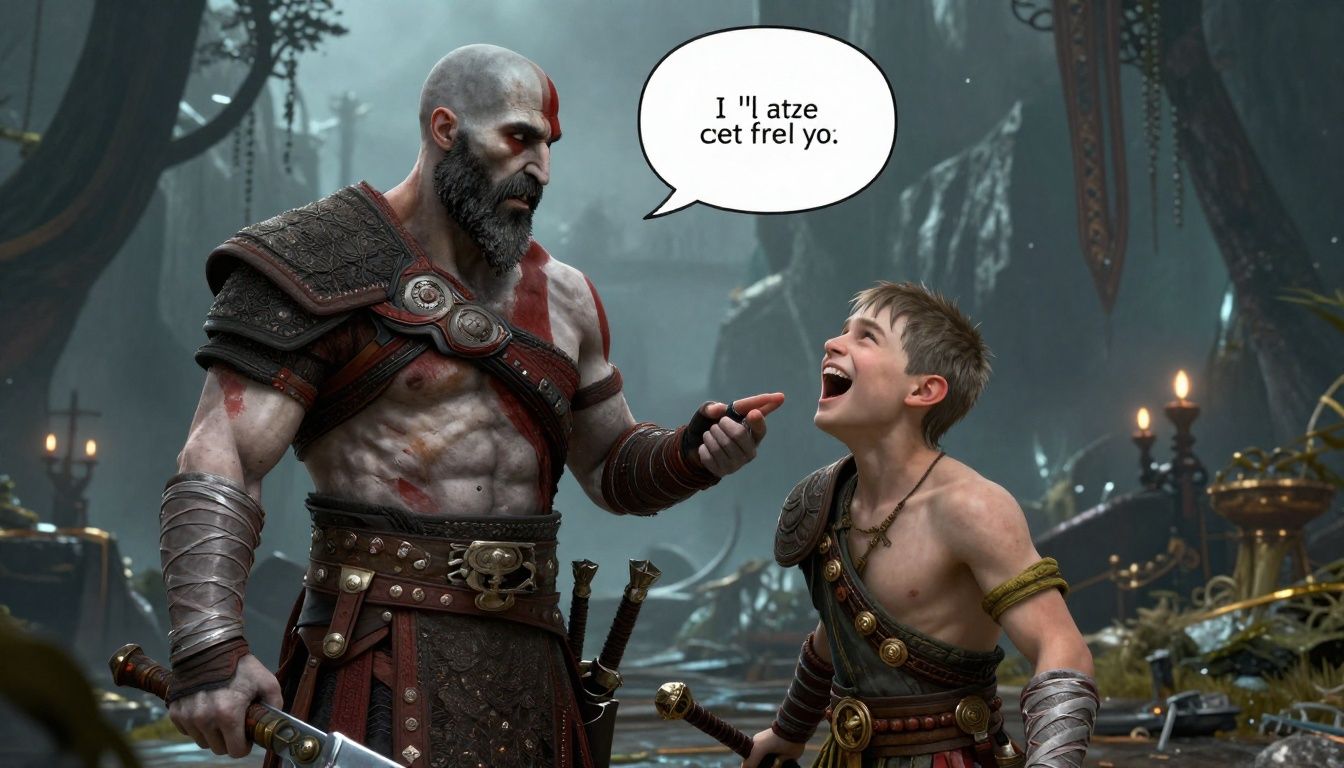 A stylized, humorous illustration of Kratos from God of War telling a joke to his son Atreus, who is laughing, set against a mythical Norse background.