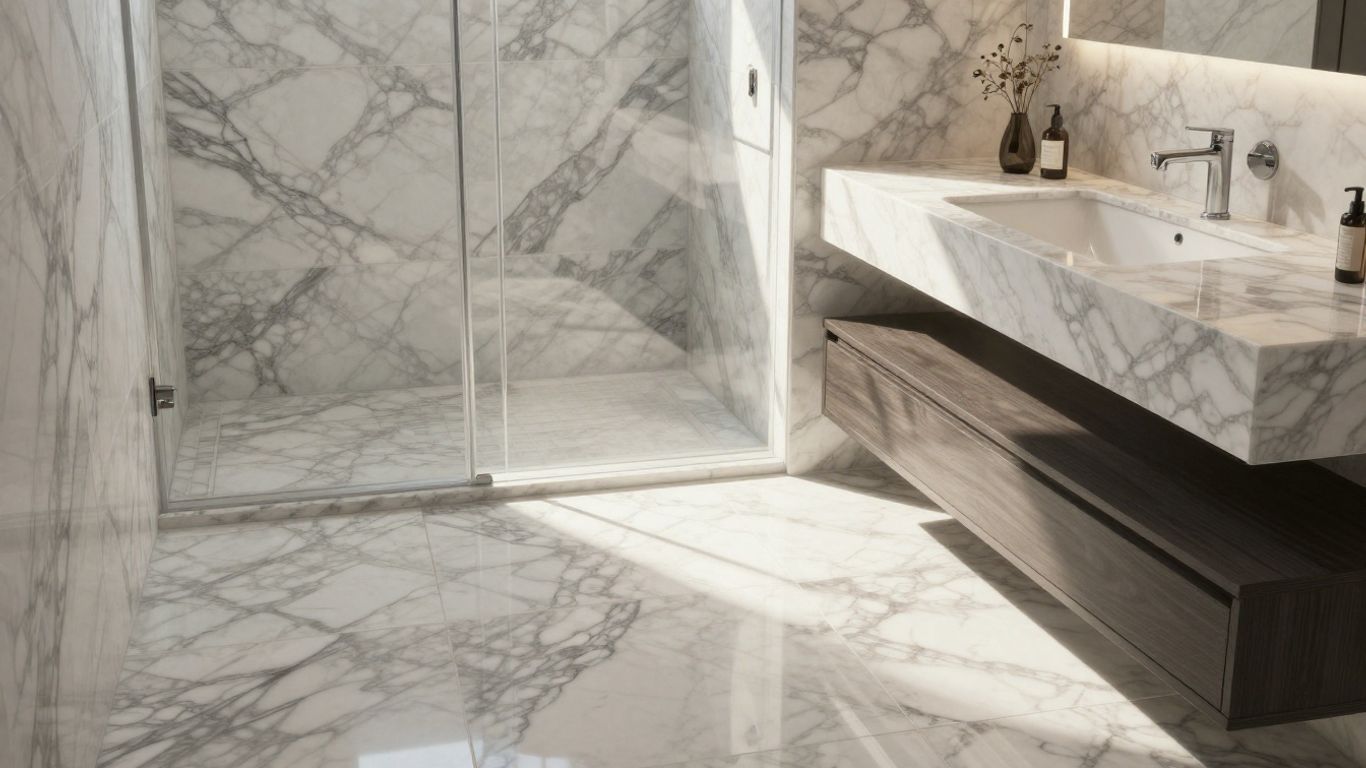 Sketch of a bathroom with marble tiles.