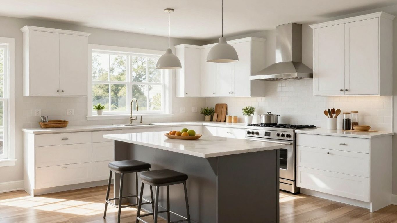 Modern kitchen remodel with island and stainless steel appliances.