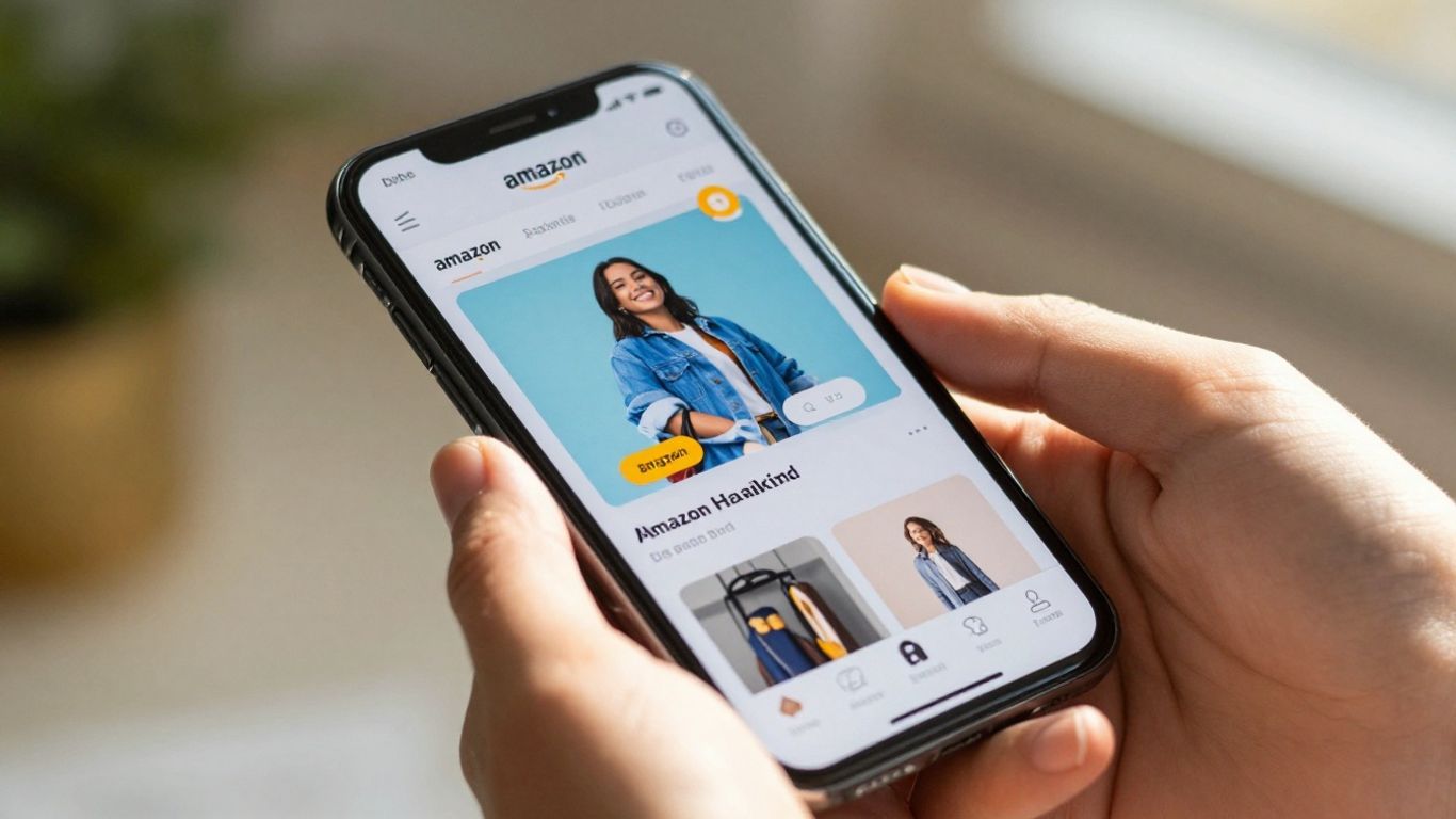 Hands holding smartphone with Amazon product listing