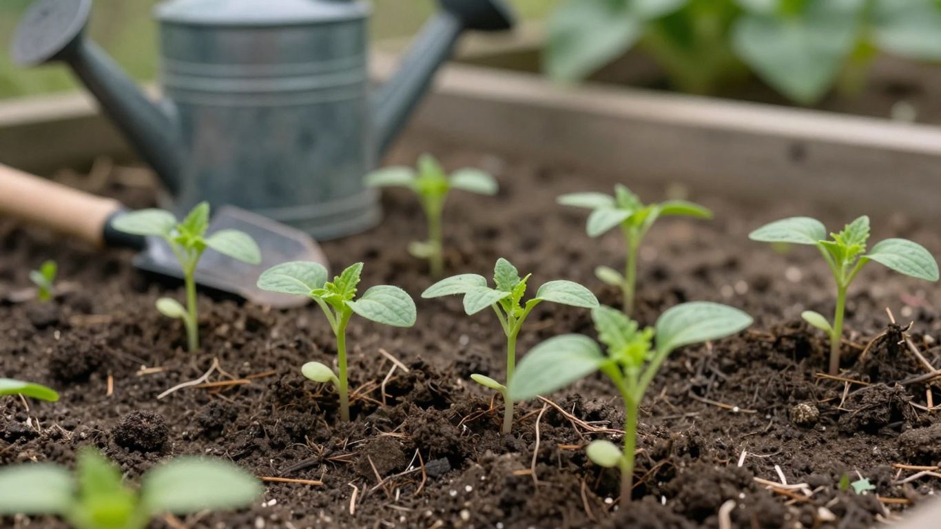 Junge Setzlinge im Gartenbeet im Frühling