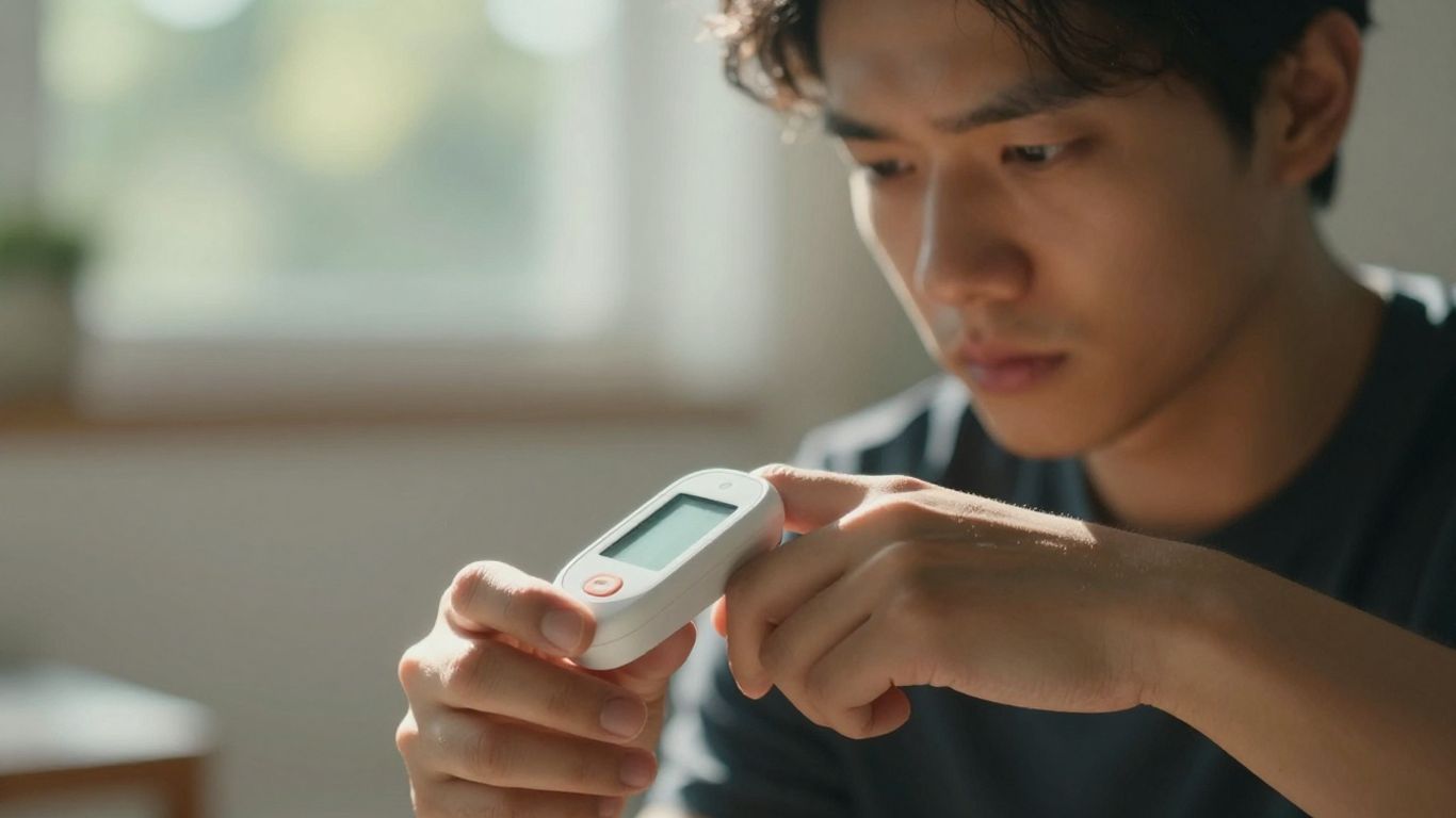 Person with continuous glucose monitor device.