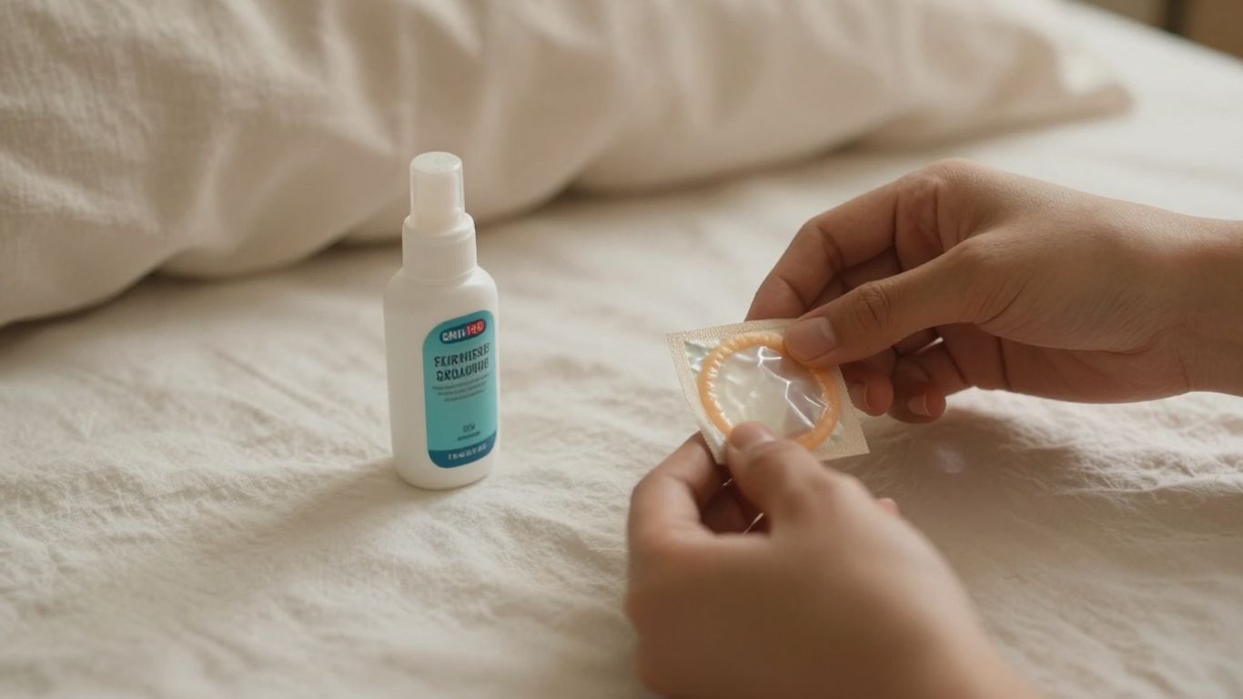 Hands checking a condom wrapper beside lubricant