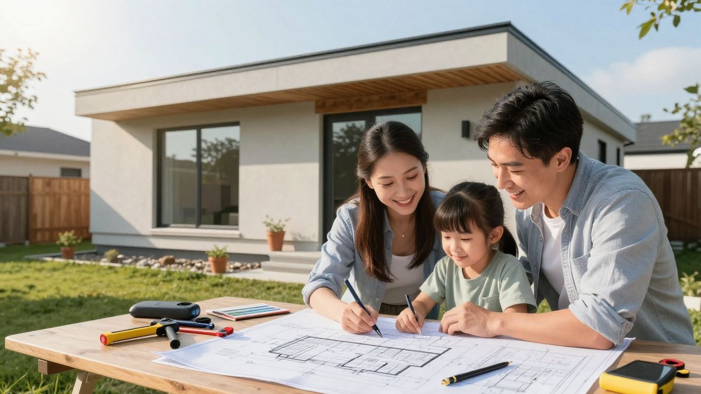 Home addition plans and construction with happy family.