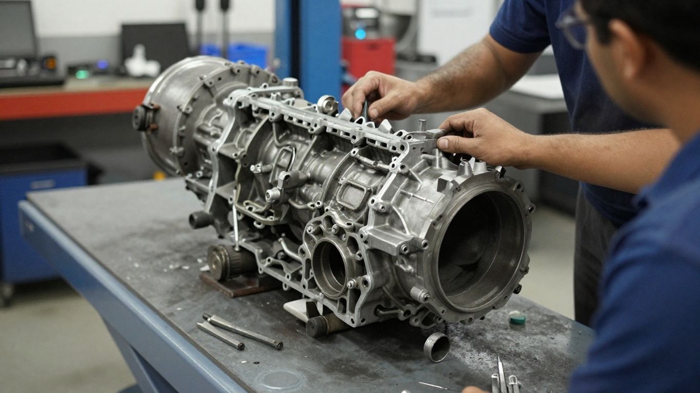 A mechanic inspecting a vehicle gearbox