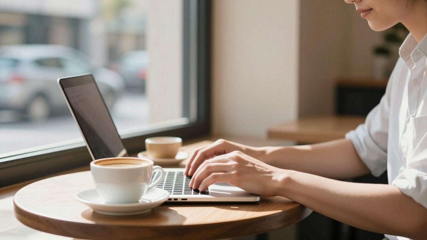 Person typing on laptop in Australian cafe.