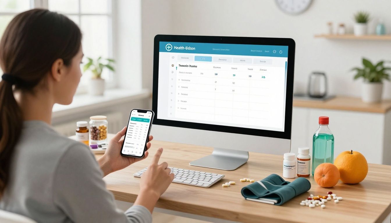 Bright modern health-tech scene with a diverse American adult reviewing a treatment timeline on a smartphone beside organized supplements, lab results, fitness gear, and a clean digital health dashboard; realistic photography, natural light, no text or logos