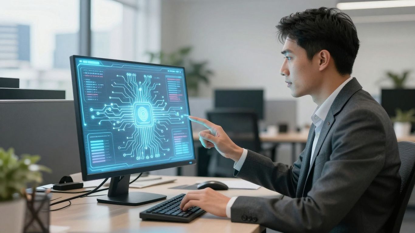 AI assisting small business owner with technology support.