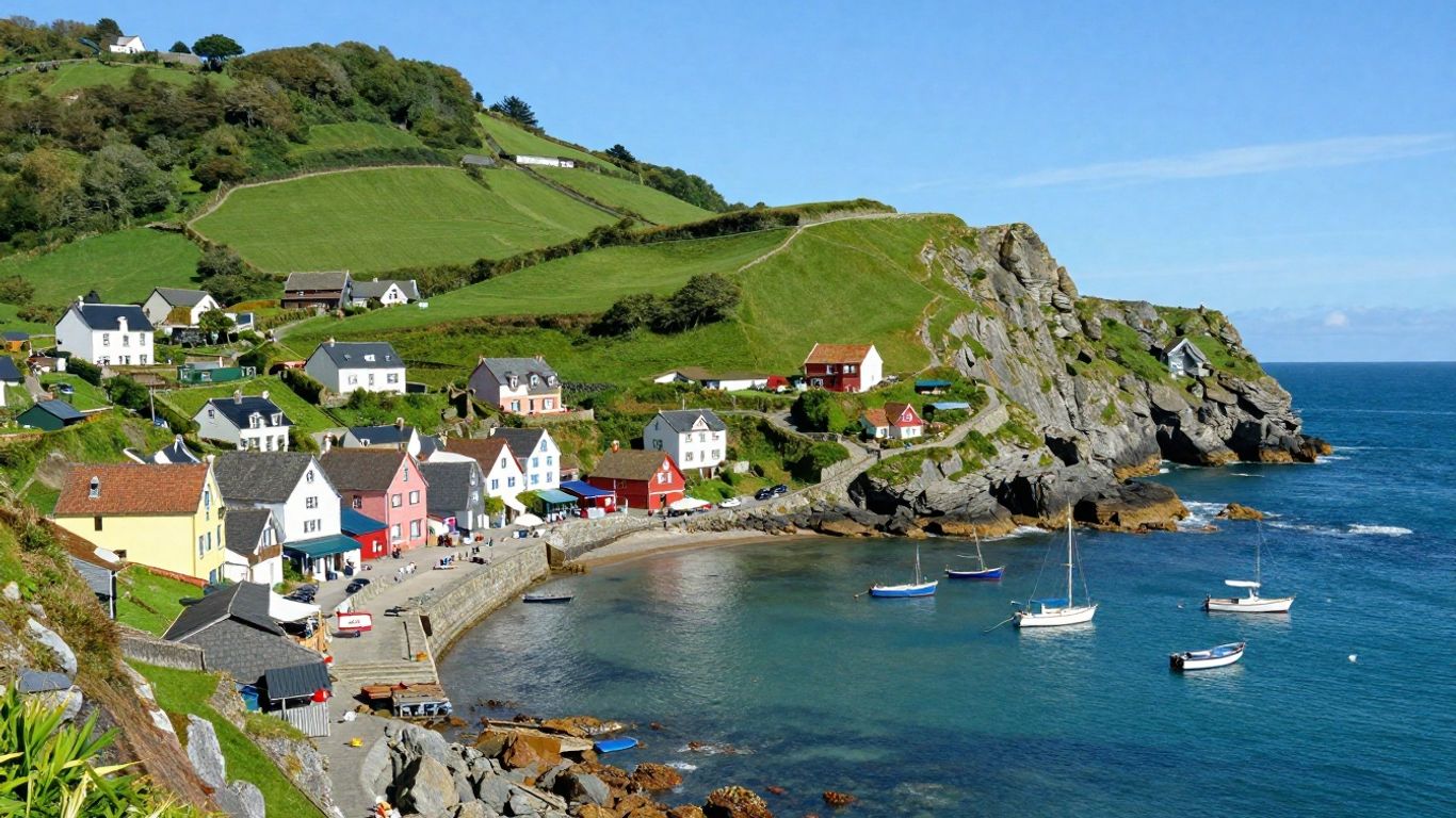 Basque village with colorful houses and ocean view.