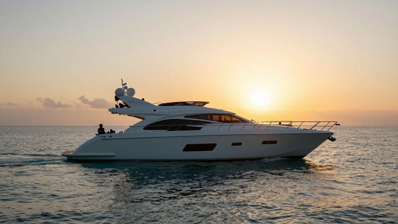 Luxury yacht sailing at sunset with people relaxing on deck.