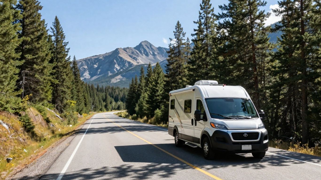 Motorhome on a scenic Canadian highway with mountains.