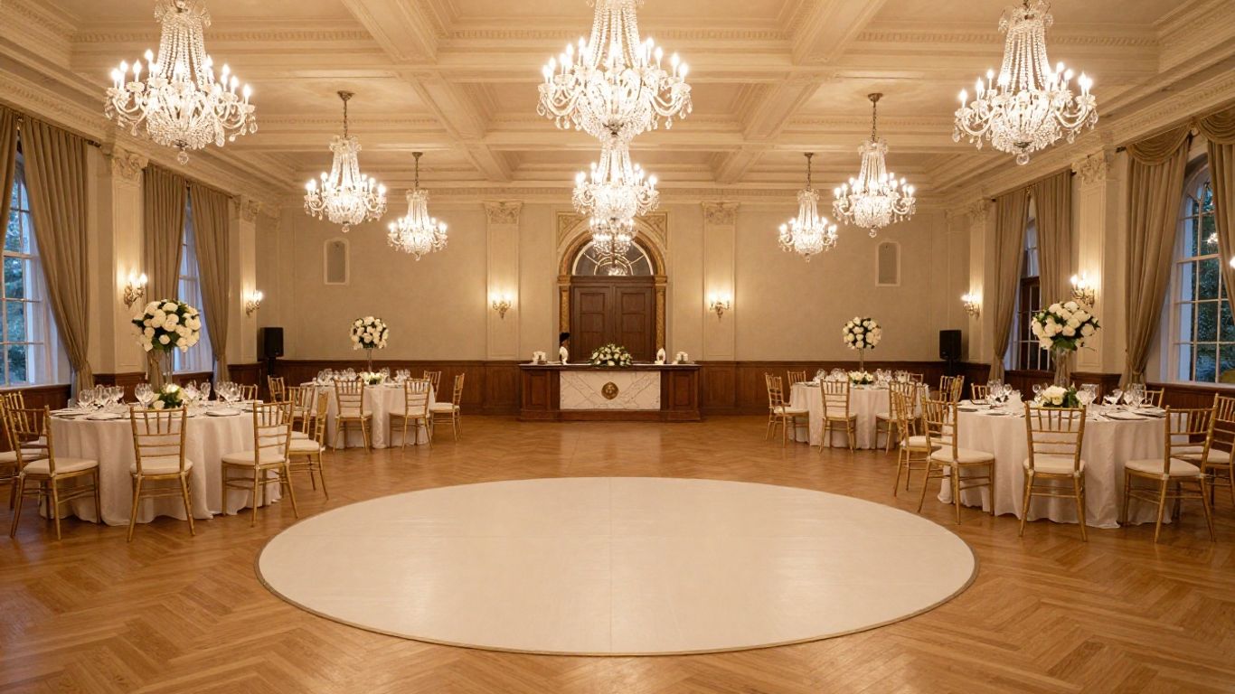 Elegant ballroom set up for a wedding reception.