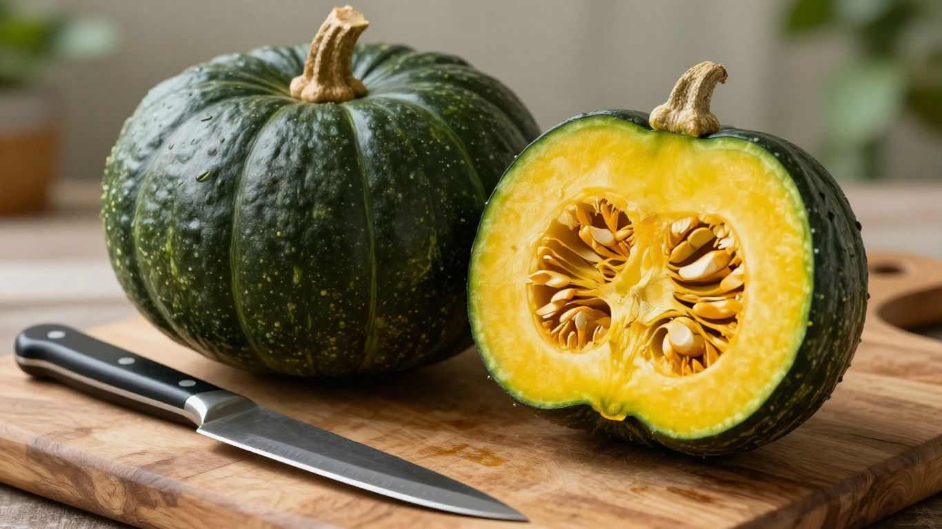 Whole kabocha squash on a cutting board with a knife.