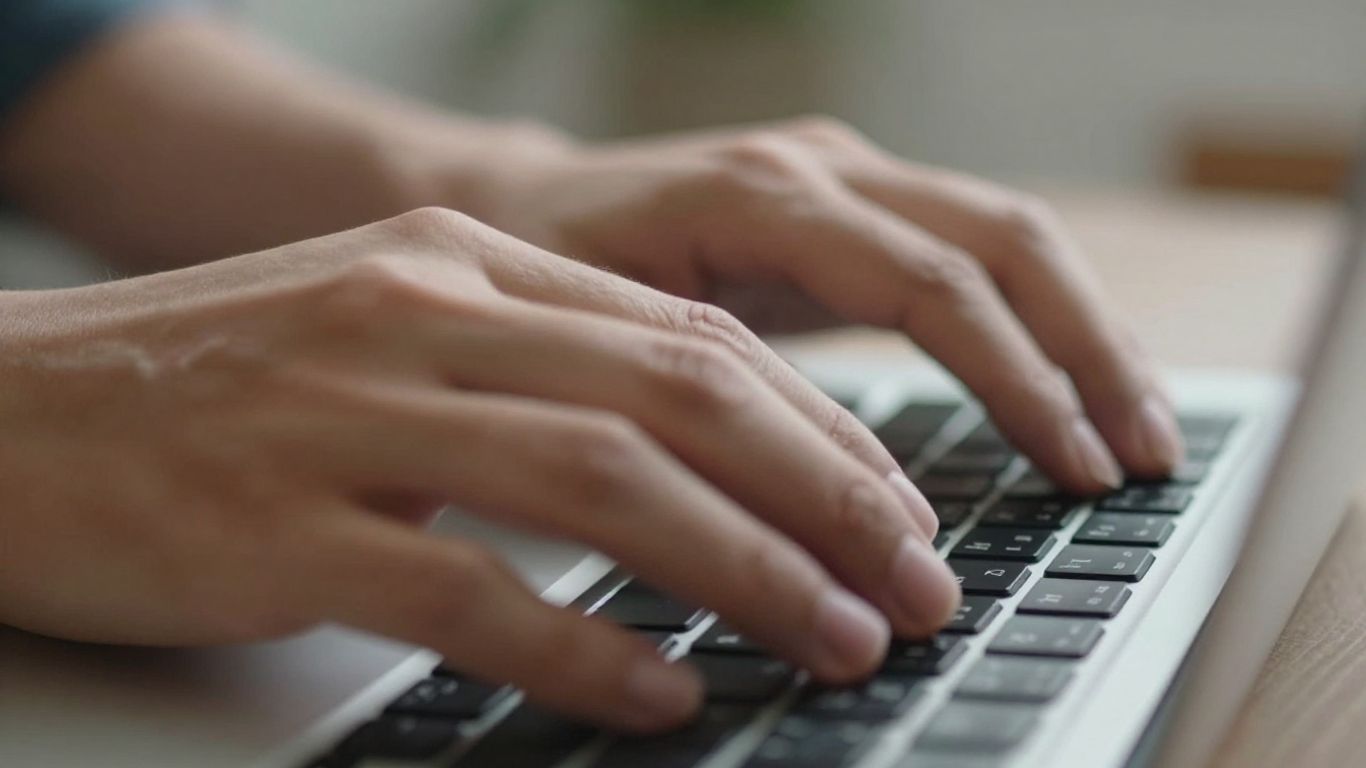 Hands typing on a laptop keyboard for ad copywriting.