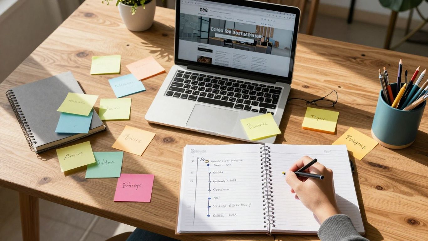 Website project planning with sticky notes and laptop.