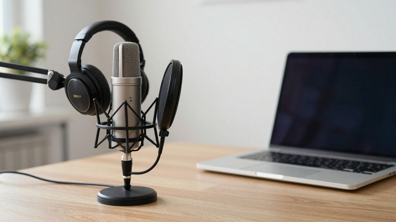 Equipo de podcasting casero con micrófono, auriculares y portátil.