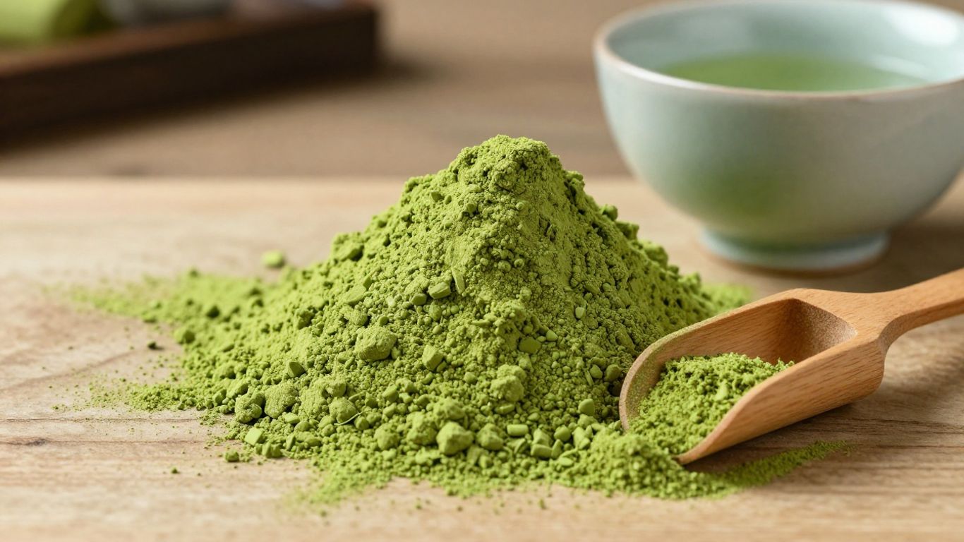 Matcha powder in a bowl with a scoop.