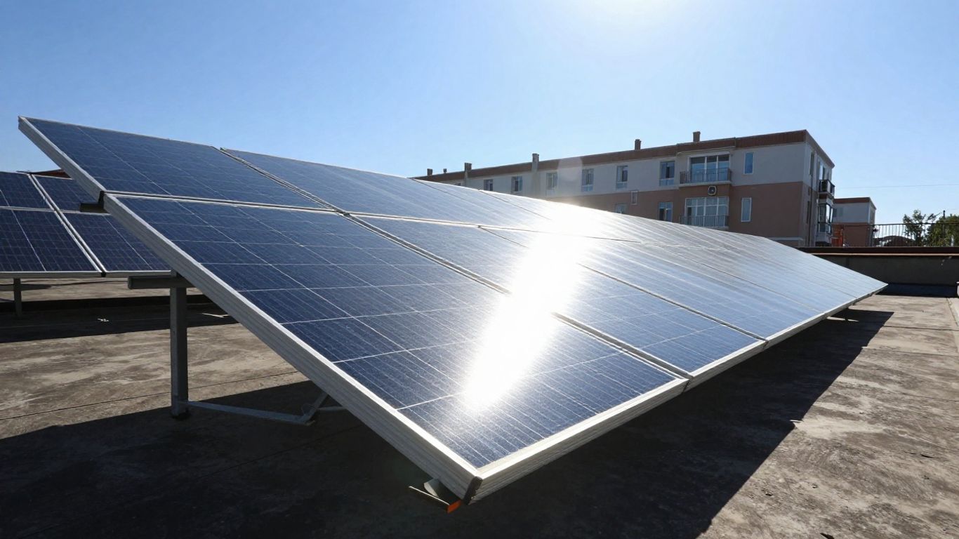 Panneaux solaires thermiques sur un toit sous le soleil.