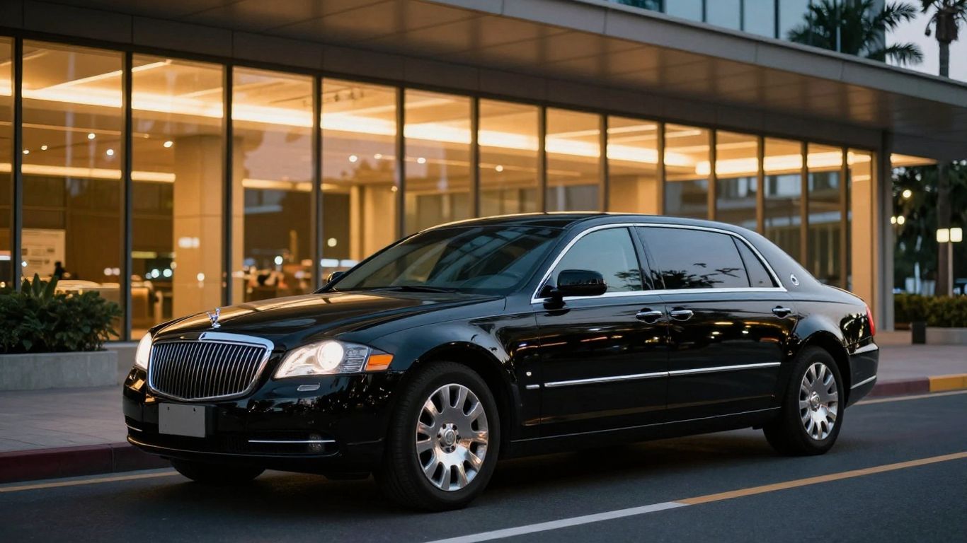 A sleek black vehicle waiting at a modern airport terminal
