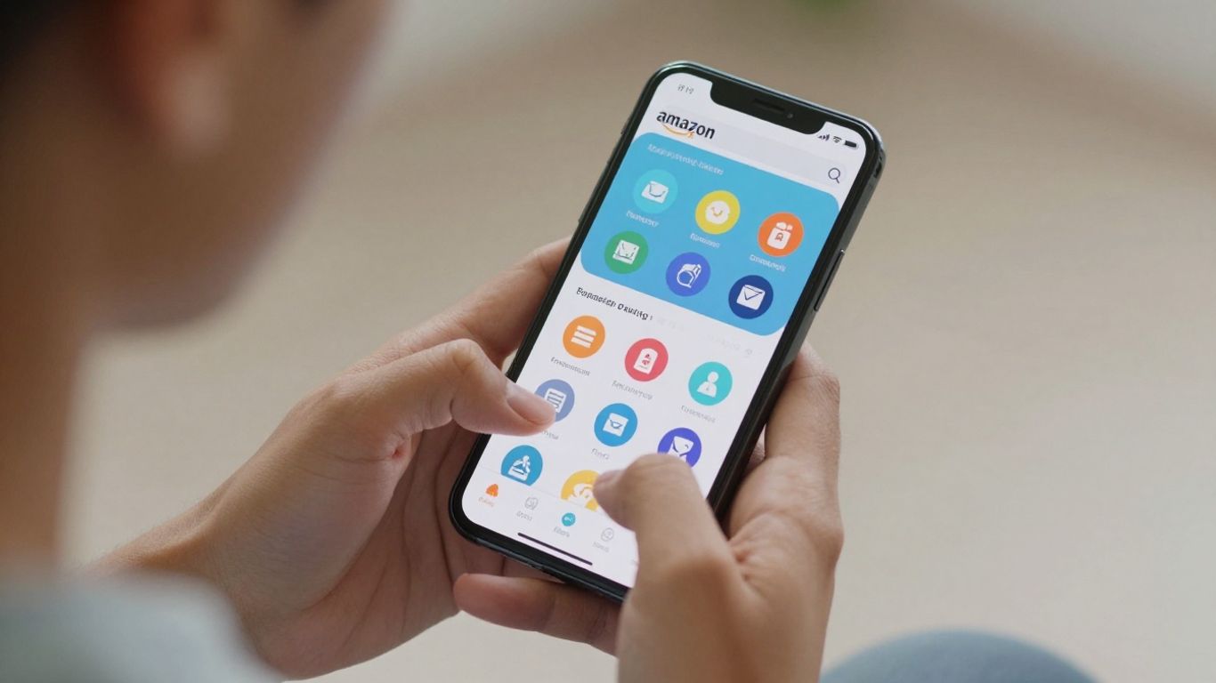 Hands using a smartphone with Amazon Ads interface.