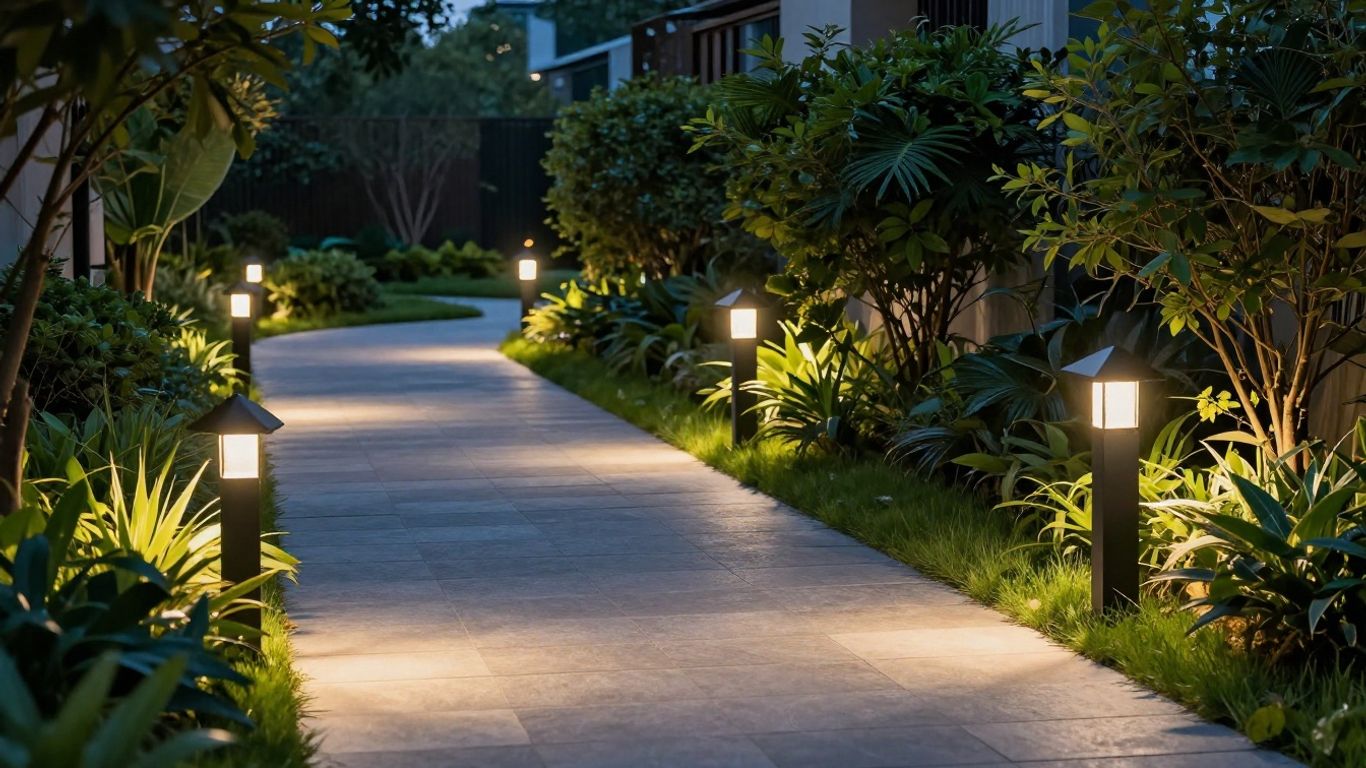 Modern garden path with illuminated lighting posts.