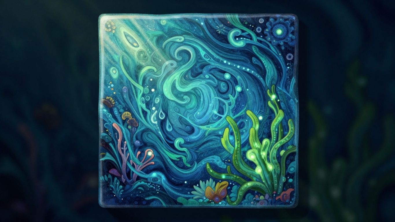 神秘海洋瓷砖草图，带有深海图案和发光元素。