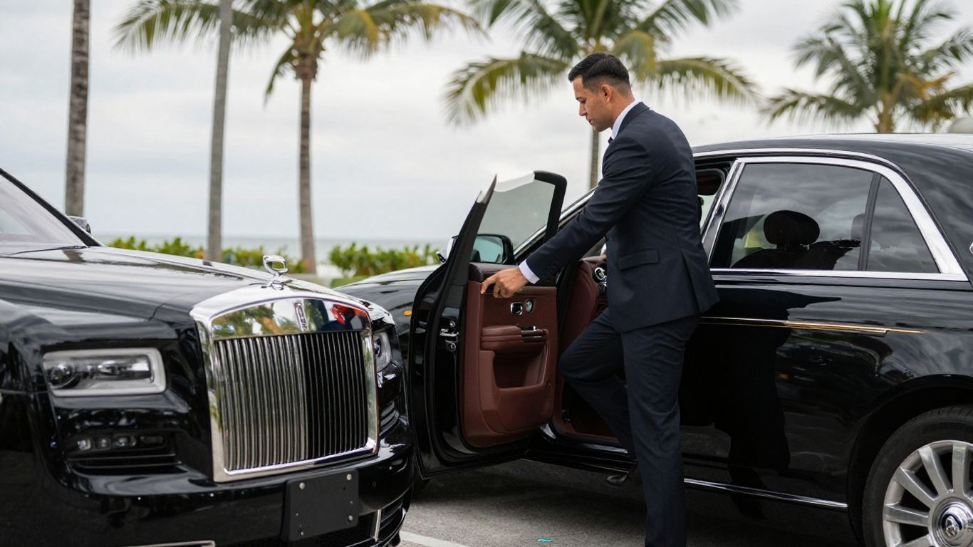 A professional chauffeur opening the door for a traveler in Florida.