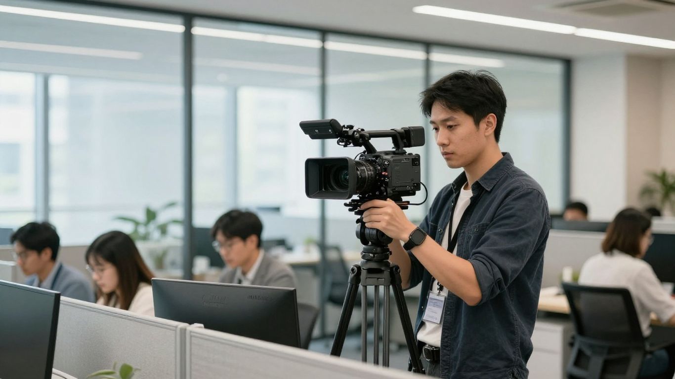 A professional videographer filming in a modern corporate office
